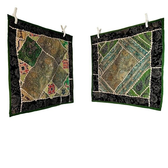 Patchwork Beaded Sari Floor Pillow/Cushion Cover Pair 26" Sq Green Multi Vintage - Picture 1 of 10